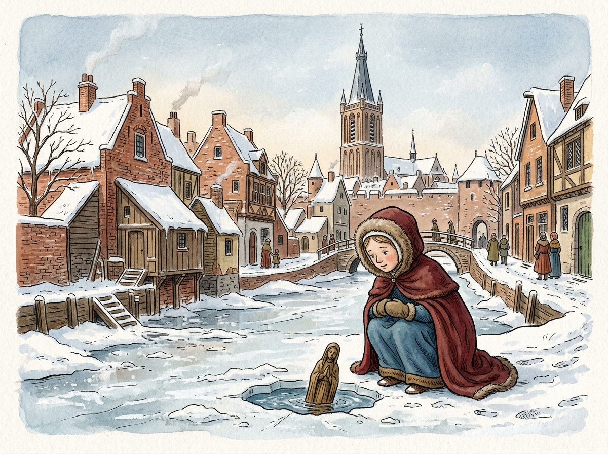 Geertje Arends bij de bevroren gracht met het Mariabeeldje
